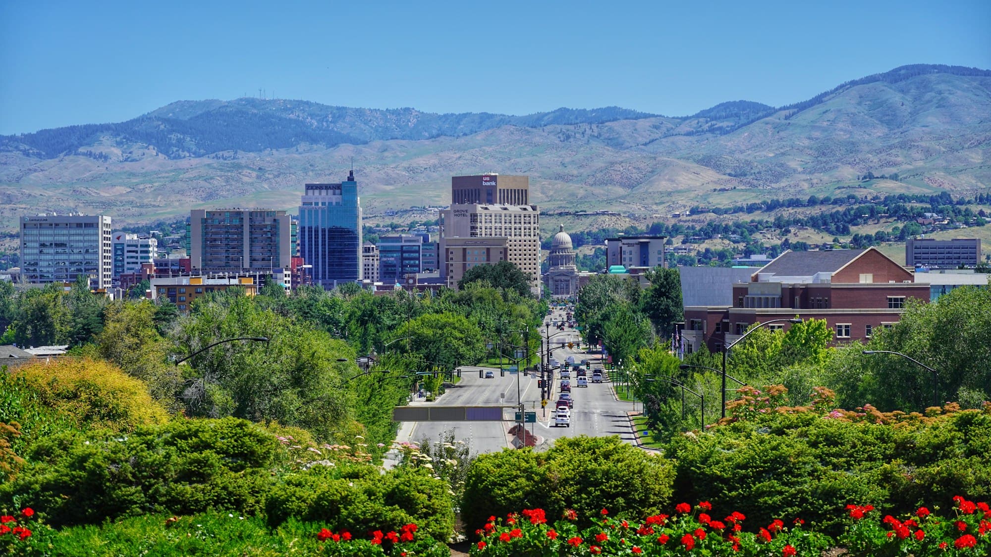 Downtown Boise, Idaho with the State Capitol and the Boise Foothills in the distance